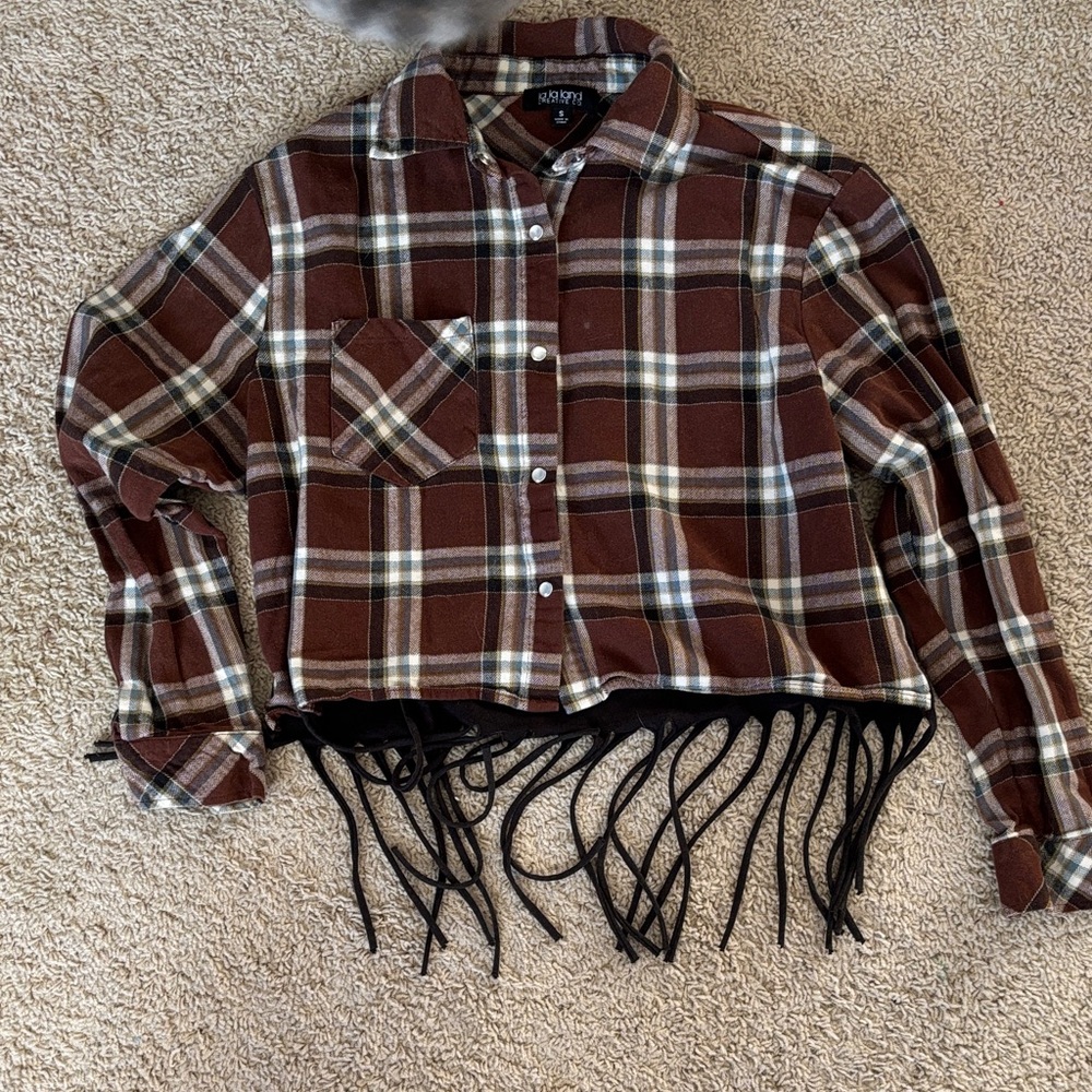 Brown Plaid Fringe Button-Up Shirt